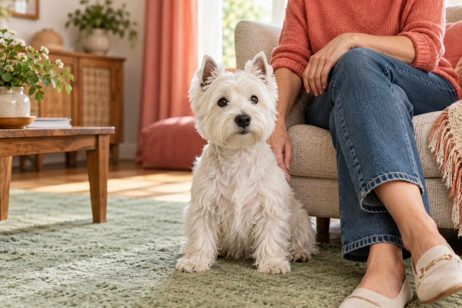 Small white dog sitting beside an owner at home